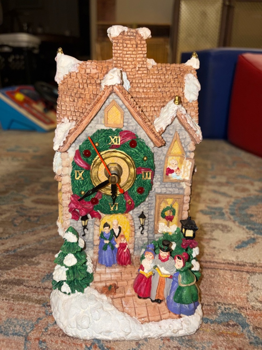 Vintage Holiday Carolers Snowy House Clock Figurine